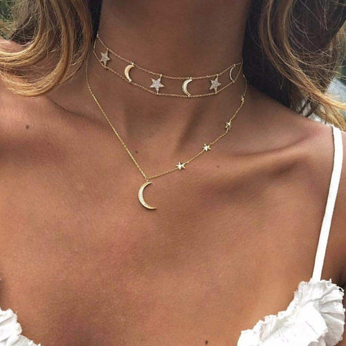 Star Moon Pendant Choker Necklace